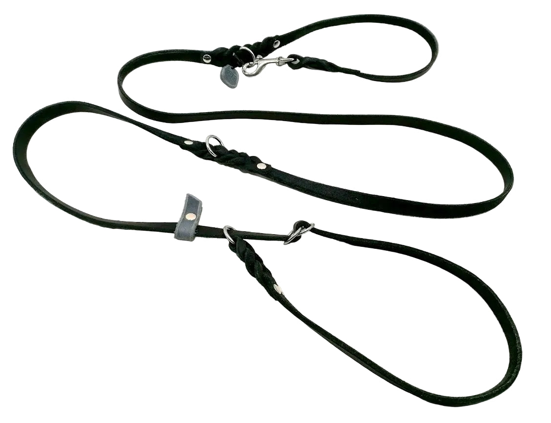 2 m "Rosalie" Umhängeleine mit Schlupfhalsung, Zugstopp, Leine Leder Fettleder geflochten, Moxon