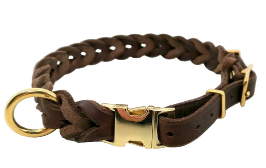 "Charlie" Halsband geflochten, Leder, Klick, Verstellbar, Fettleder, Leder, Hund