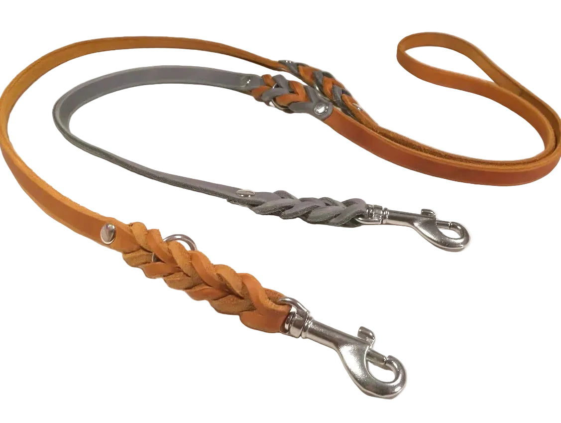 2,5 m dreifach verstellbar, mit Handschlaufe, Leine Leder Fettleder geflochten, Hundeleine